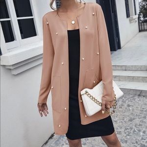 SHEIN open front pearl beaded dusty rose pink sweater blazer coat
